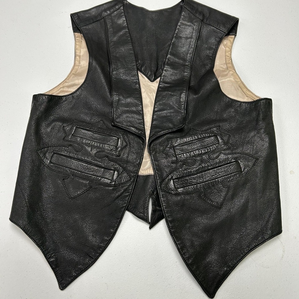 North Beach Leather Vest Mens 42 Black Western Applique Handmade Mexico Vintage